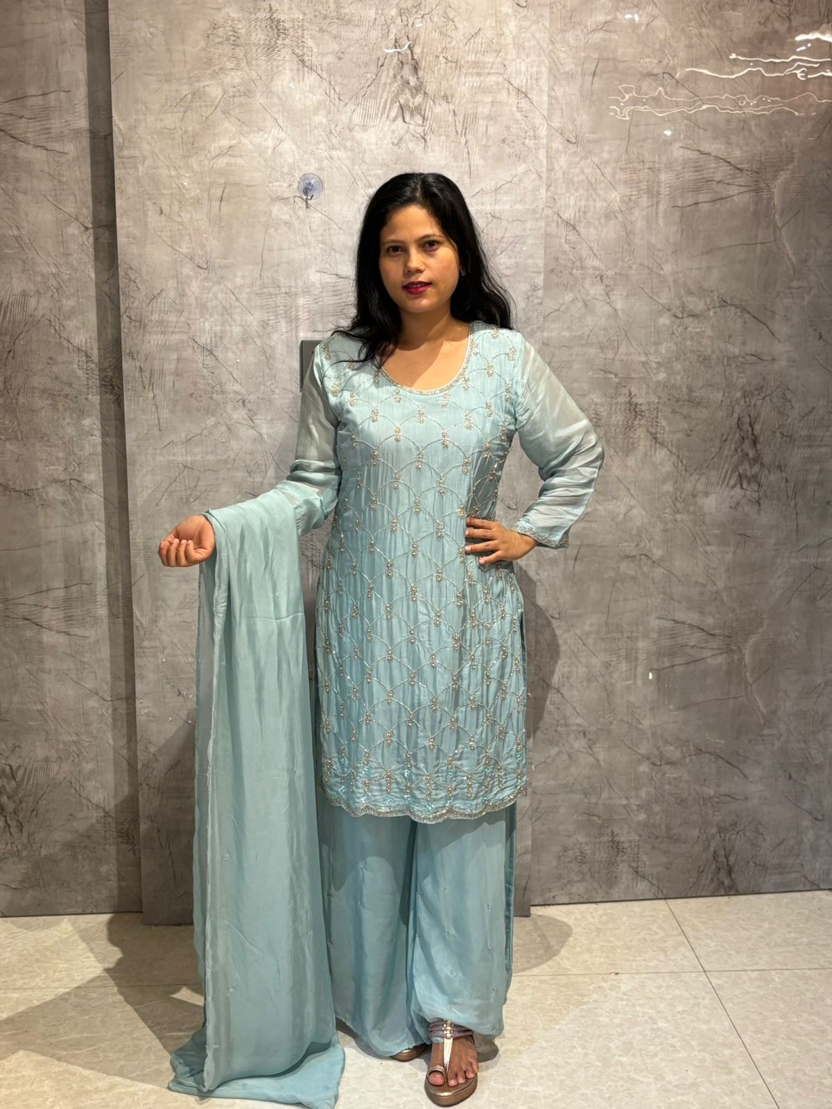 "Boomi" Sky blue Designer Handwork Sharara party Kurtha set
