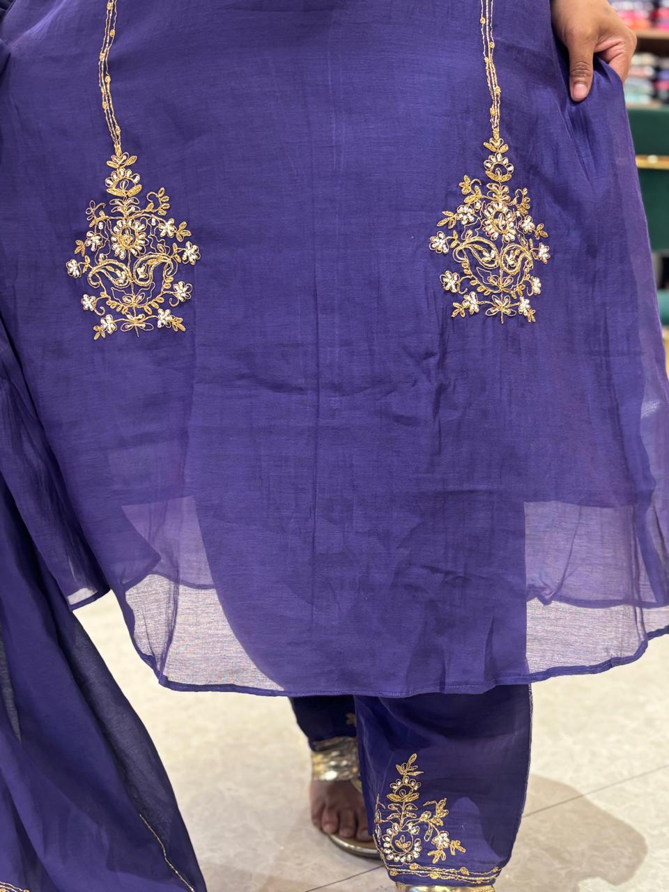 Purple Mul Chanderi Hand Embroidery A Line Kurtha 686