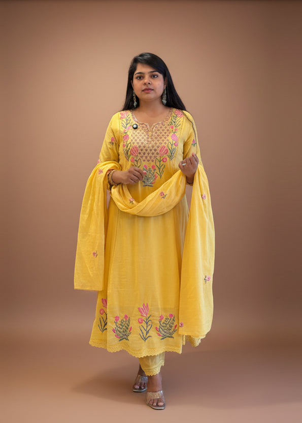 Yellow Mul Cotton Hand Embroidery Anarkali Kurtha 203