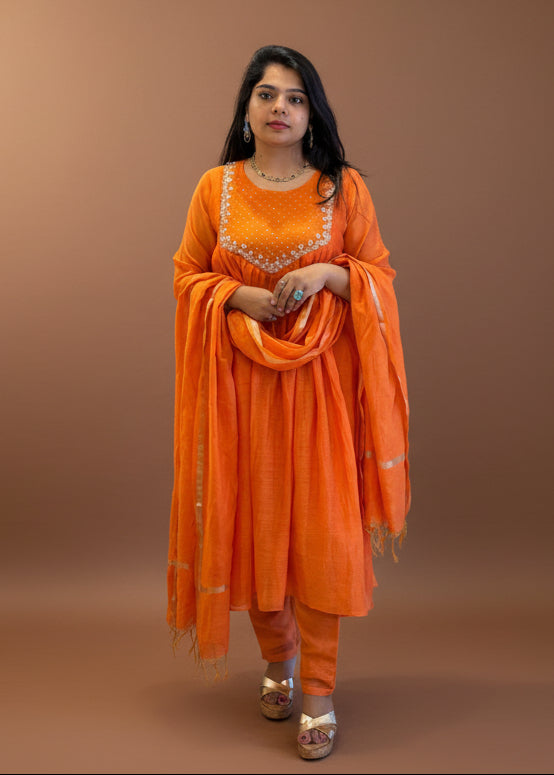 "Sita" Orange Mul Chanderi Silk Anarkali Handwork Kurtha 141 Set