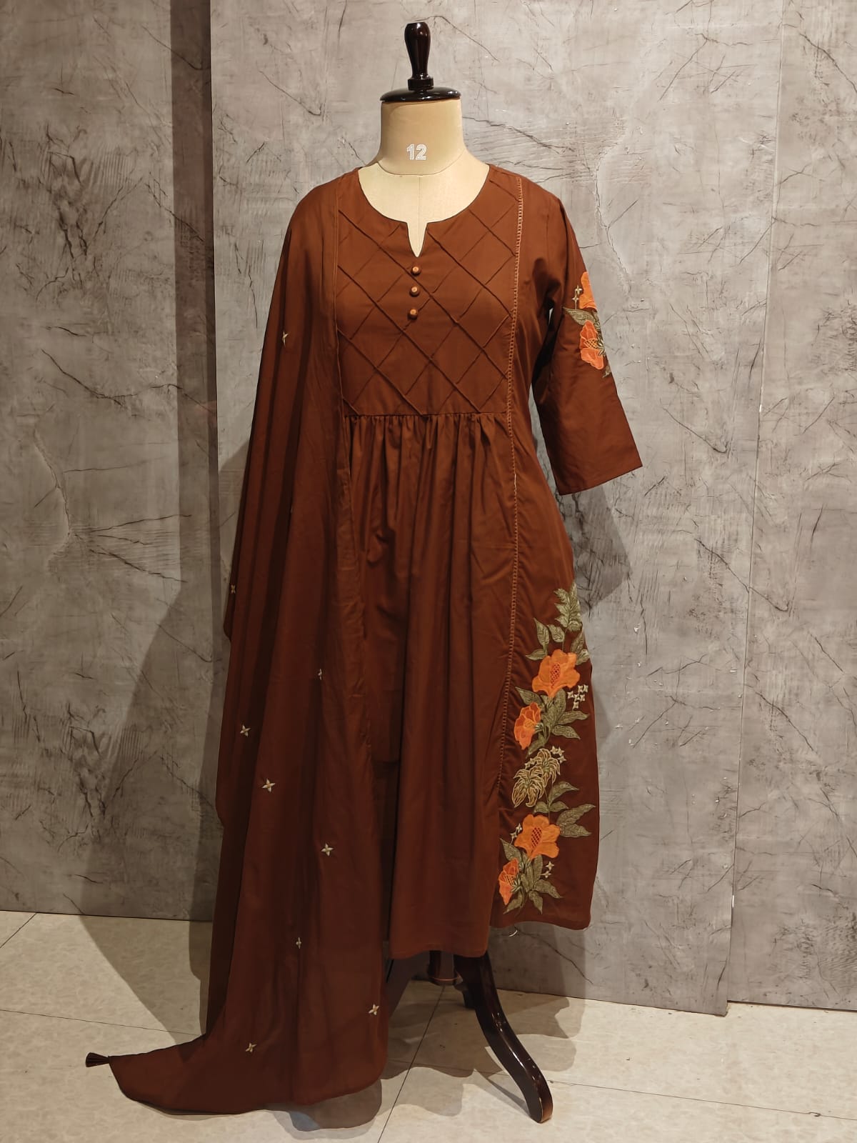 Brown Mul Cotton Thread Embroidery Airline Kurtha