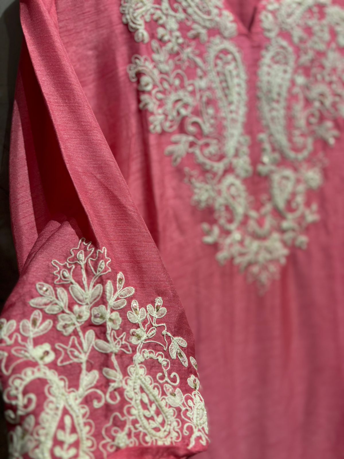 "Meera" Pink silk Kurtha suit with Pearl work