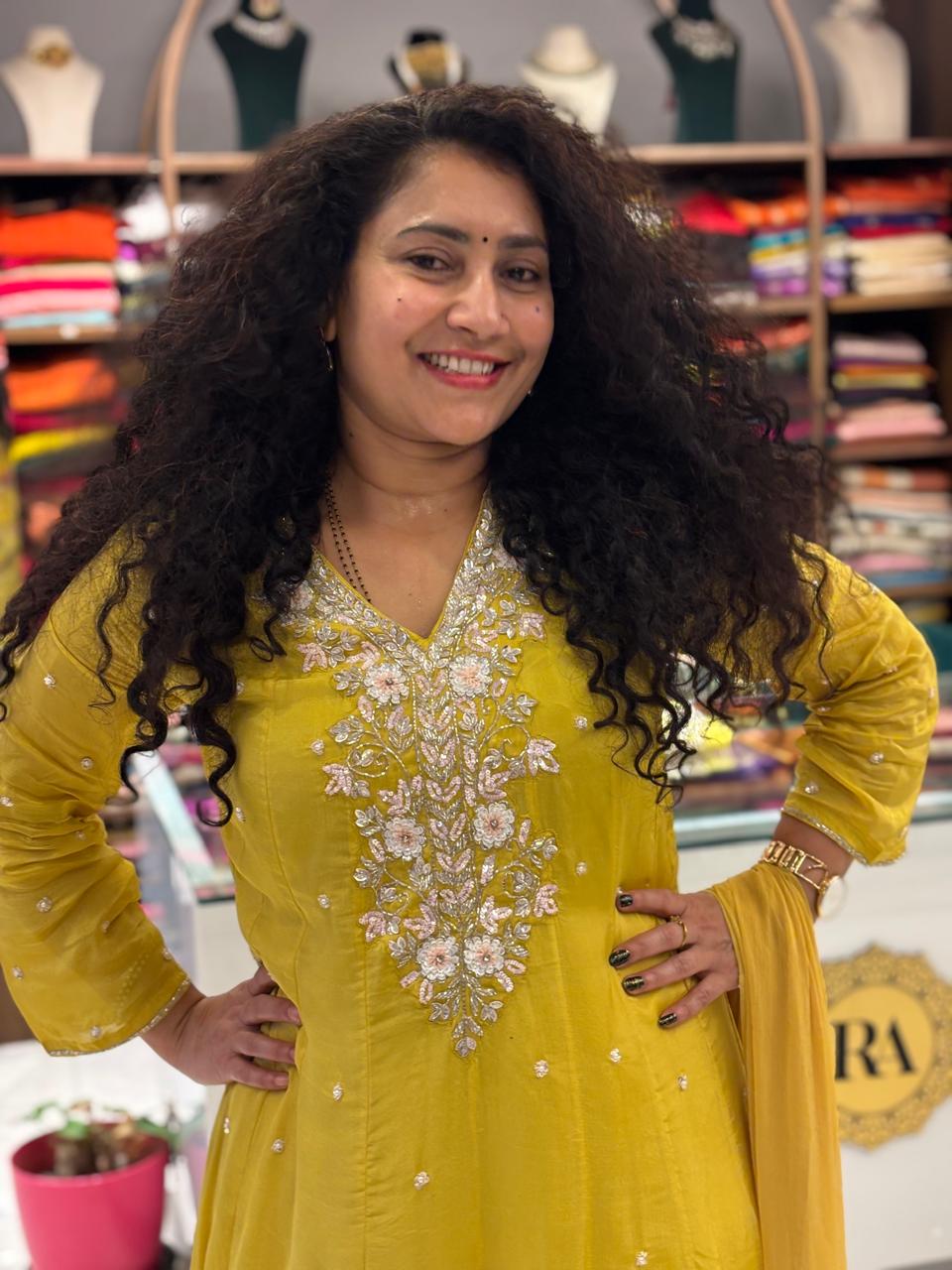 Yellow Anarkali Chinnon Hand Embroidery Kurtha 567