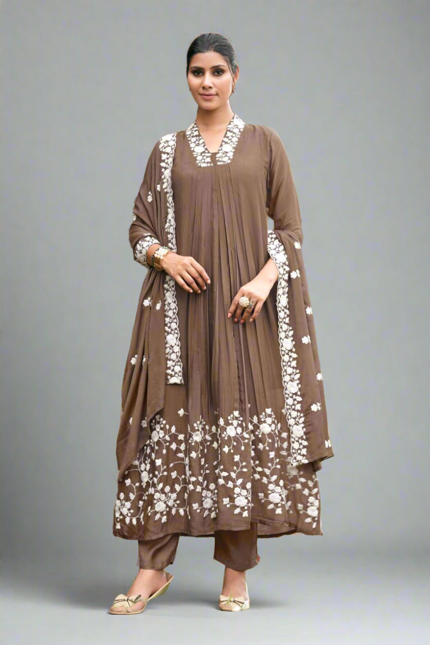 "Devi" Light brown Chinnon Embroidery 023 Airline Handwork Kurtha plus size