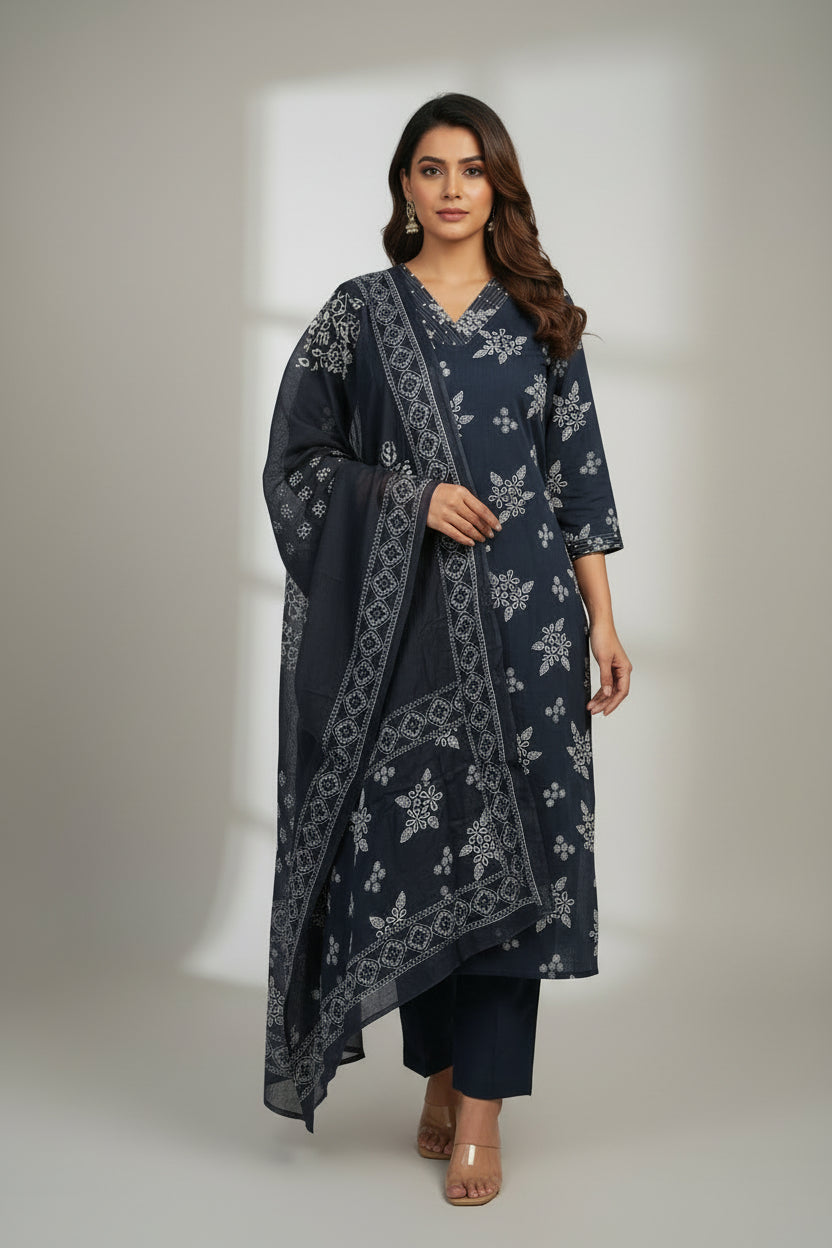 Navy Blue Cotton Block Print Straight Fit Kurtha