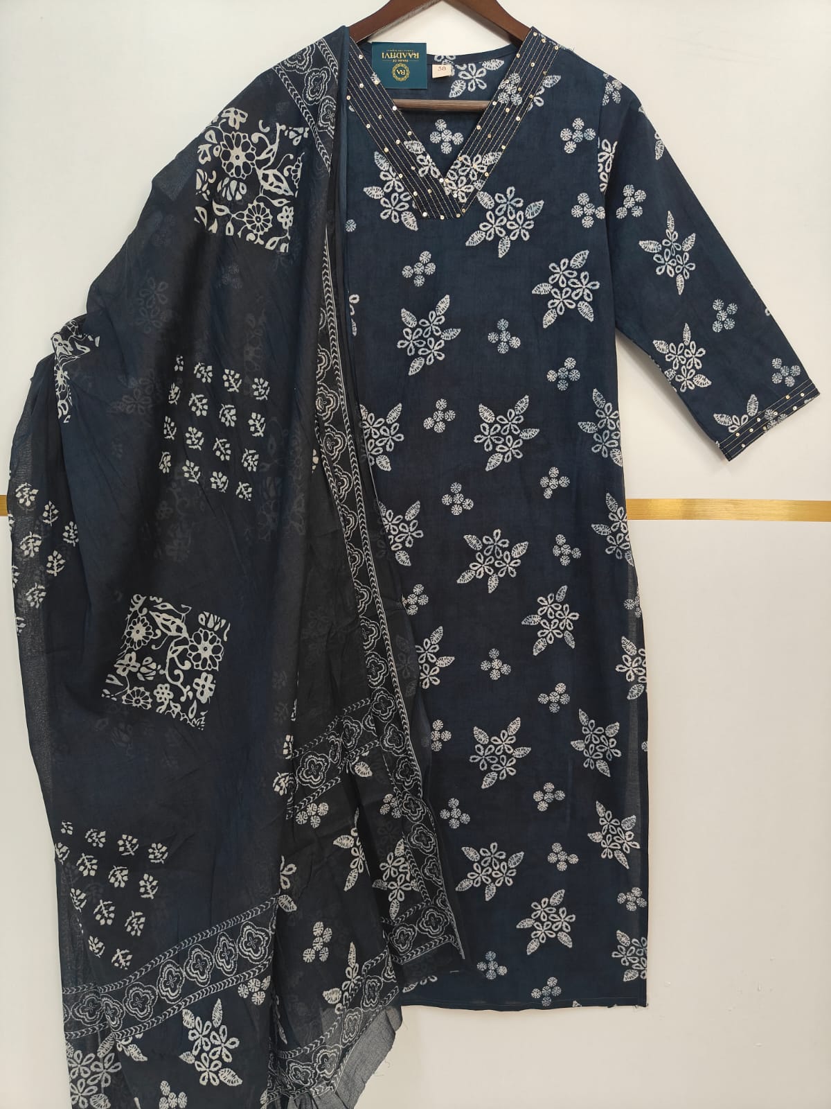 Navy Blue Cotton Block Print Straight Fit Kurtha