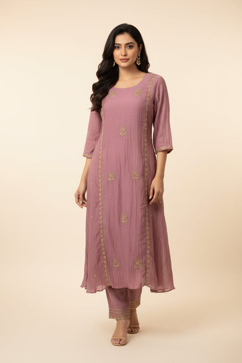 Peach pink Mul Chanderi Hand Embroidery A Line Kurtha 392