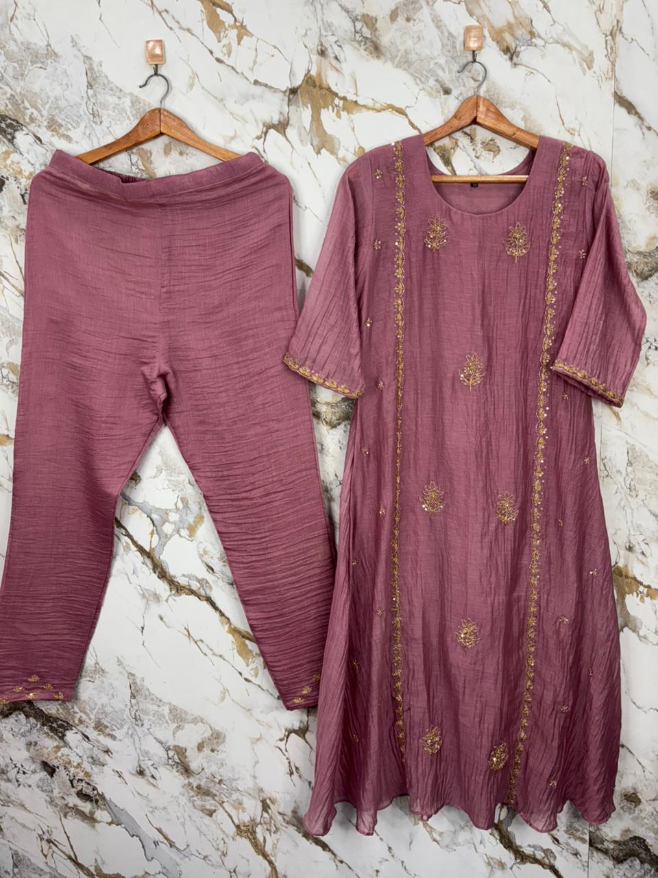 Peach pink Mul Chanderi Hand Embroidery A Line Kurtha 392