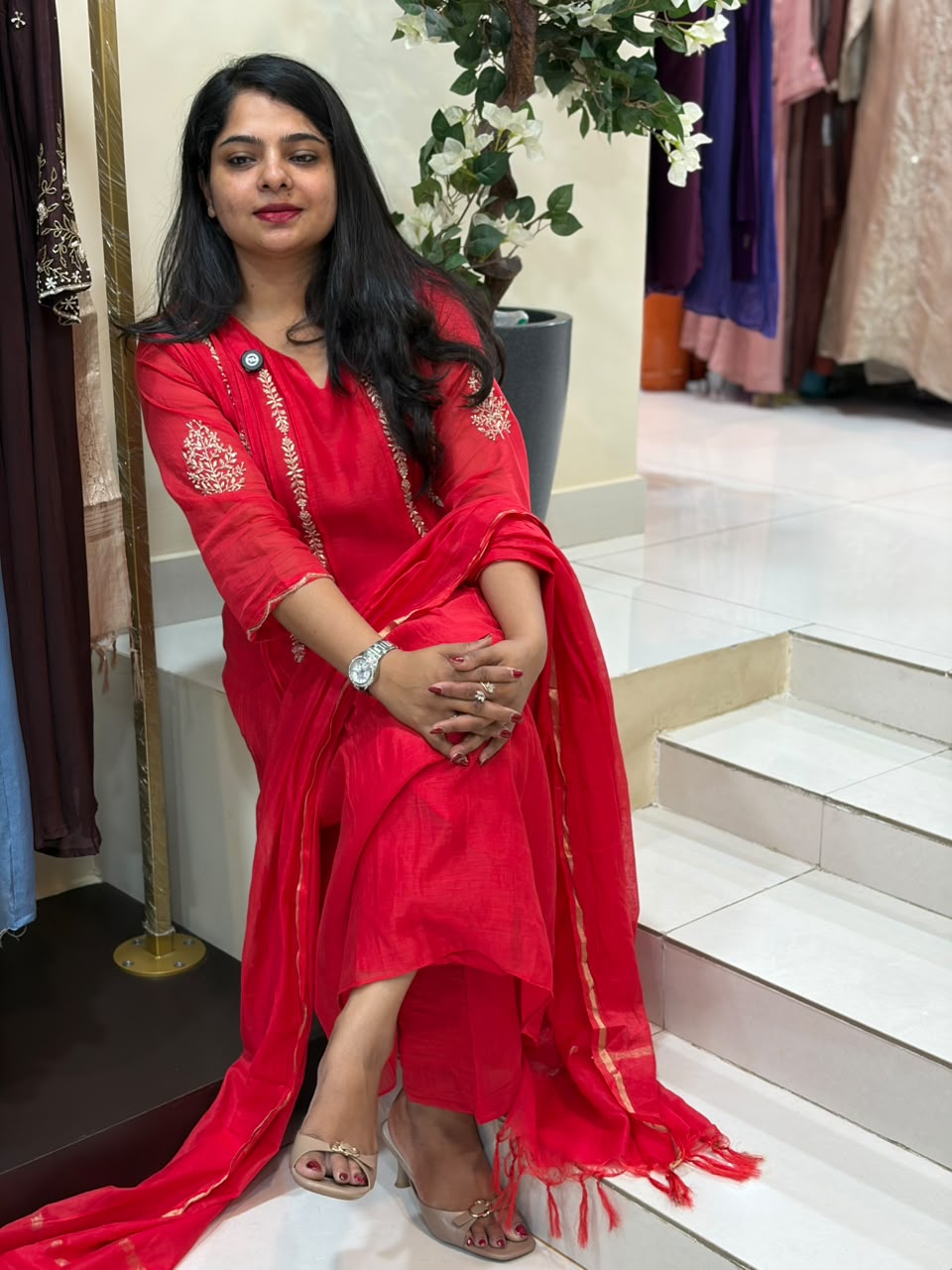 Red Mul Chanderi Hand Embroidery Airline Kurtha 514