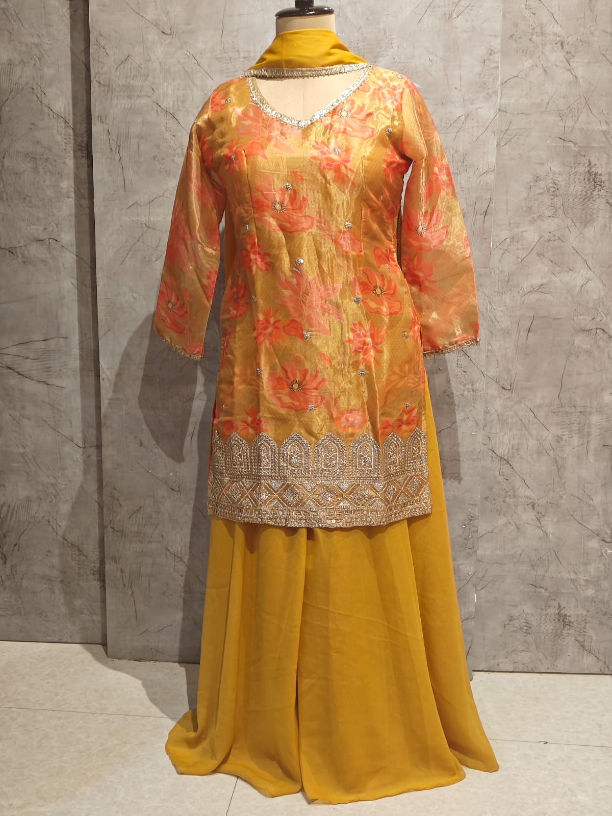 Yellow Chinnon Hand Embroidery Sharara Kurtha 301