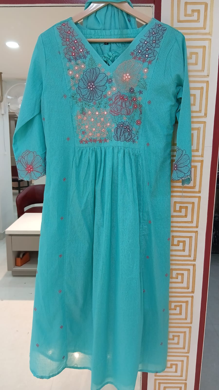 Blue Cotton Hand Embroidery Airline Kurtha