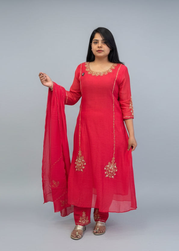 Pink Mul Chanderi Hand Embroidery A Line Kurtha 686