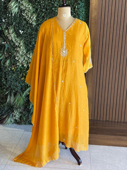 Yellow Mul Chanderi Anarkali Handwork Kurtha 126