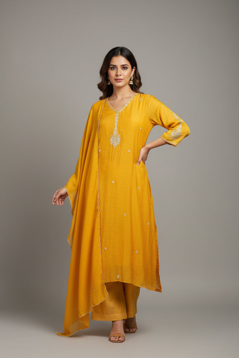 Yellow Mul Chanderi Anarkali Handwork Kurtha 126