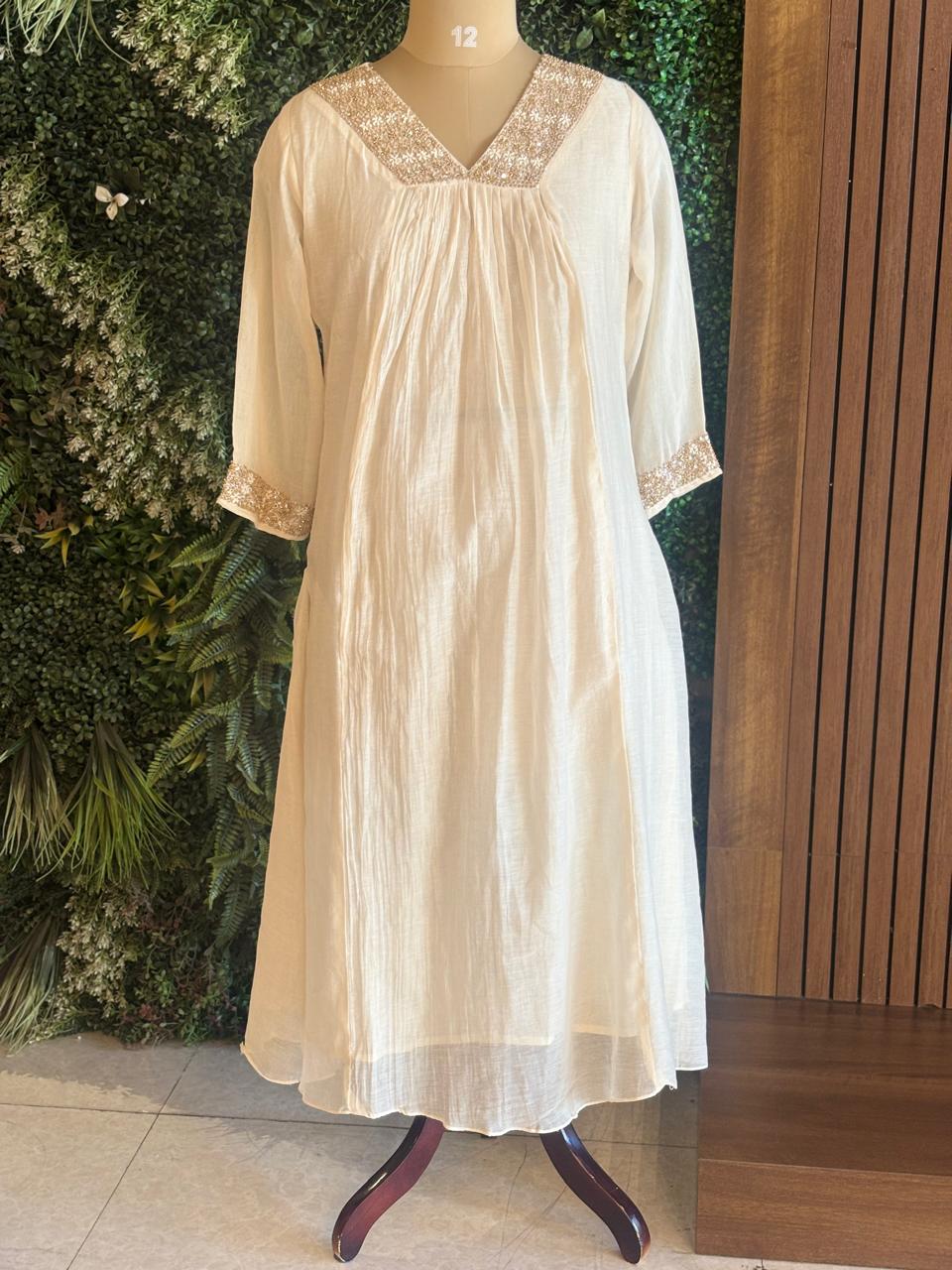 Cream  Mul Chanderi Hand Embroidery Airline Kurtha 324