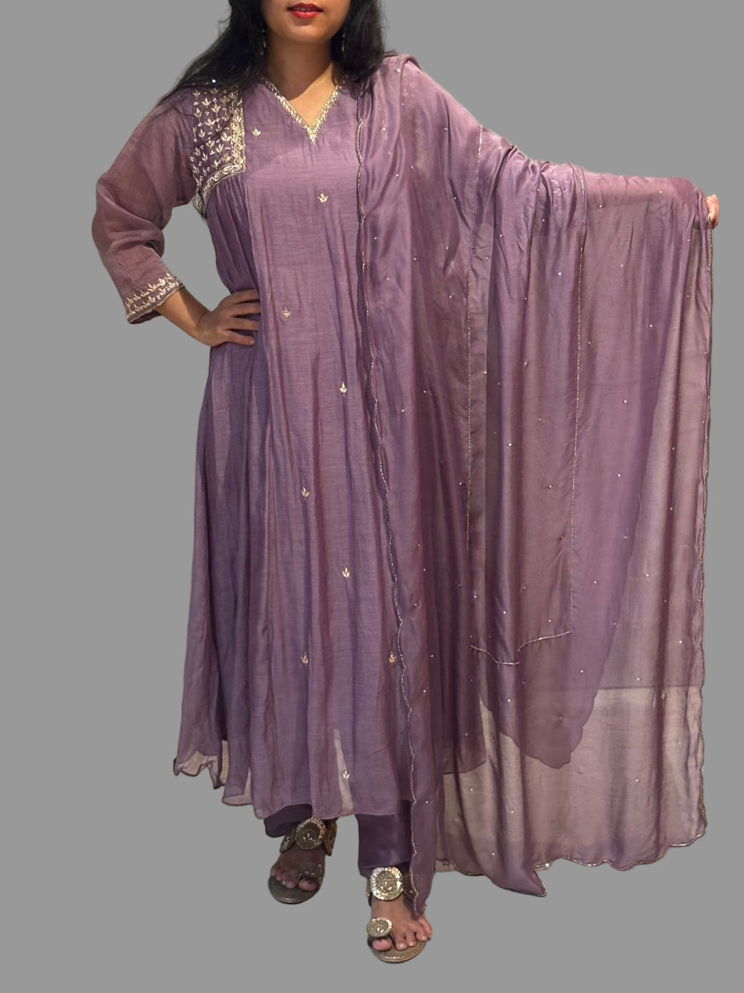 Lilac Mul Chanderi Hand Embroidery Airline Kurtha 666