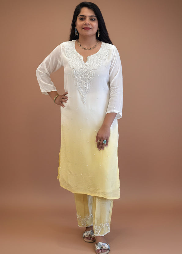 White nd Yellow Chinnon Hand Embroidery Cord Set Kurtha 487