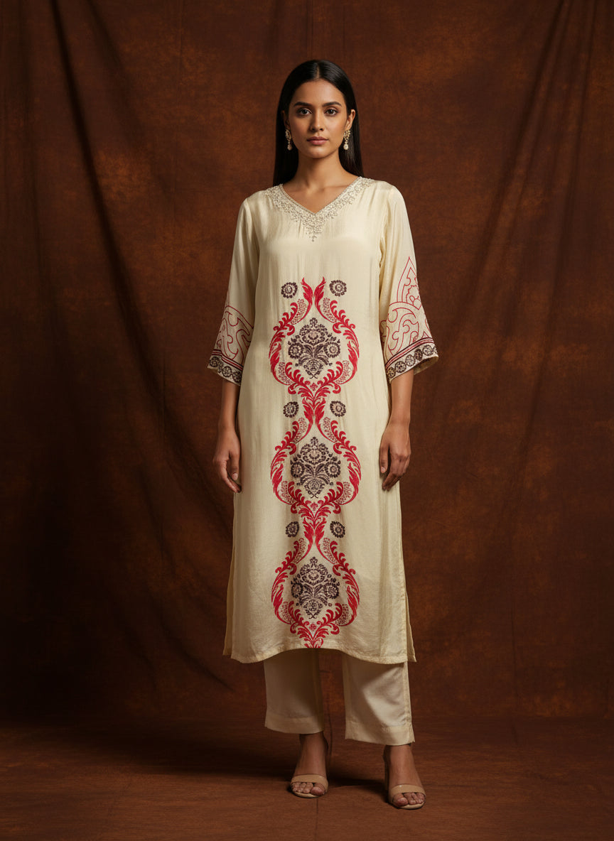 Cream Digital Print Handwork Crepe Kurtha 533
