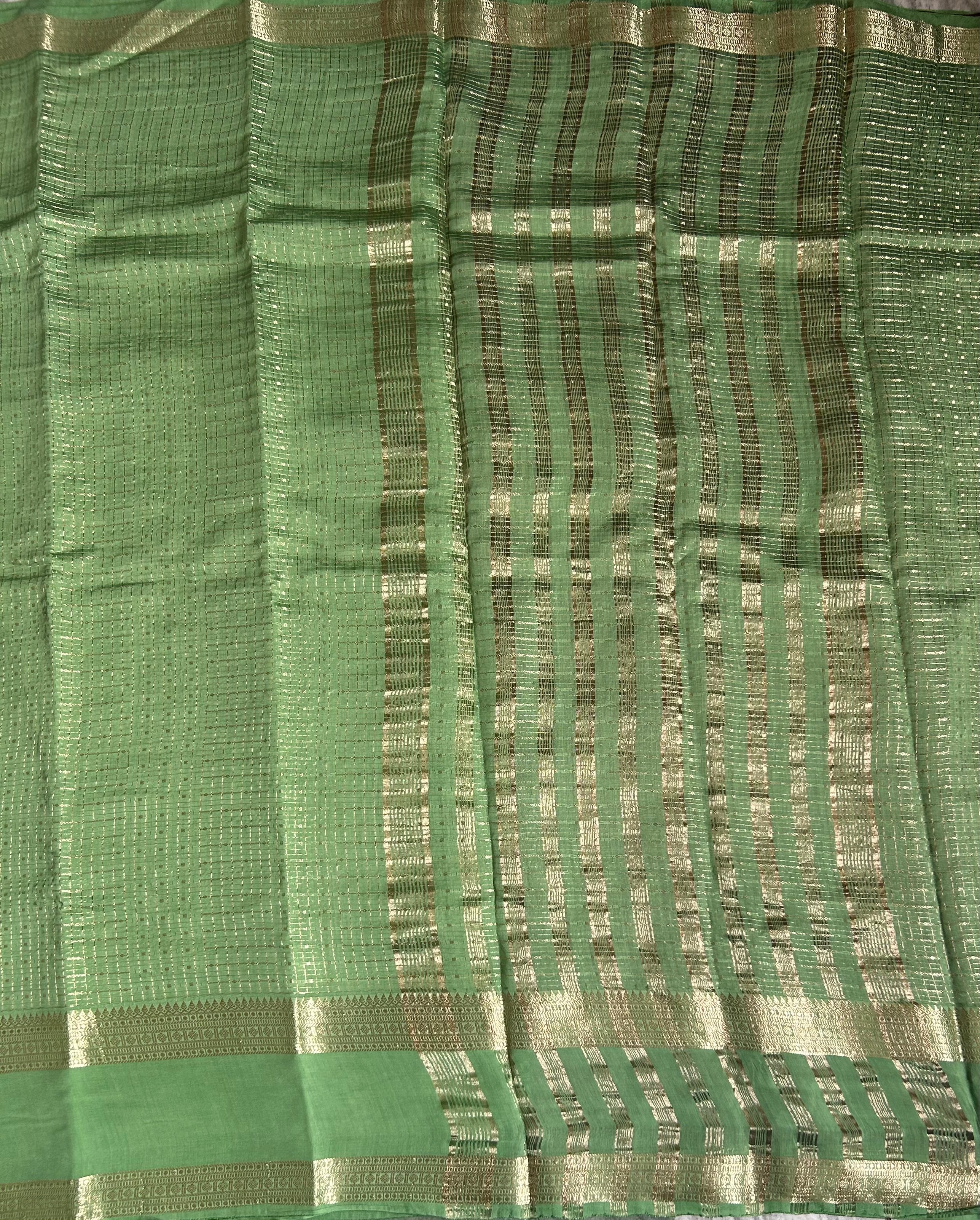 Pastel green small checks soft Tussar 03 crepe saree