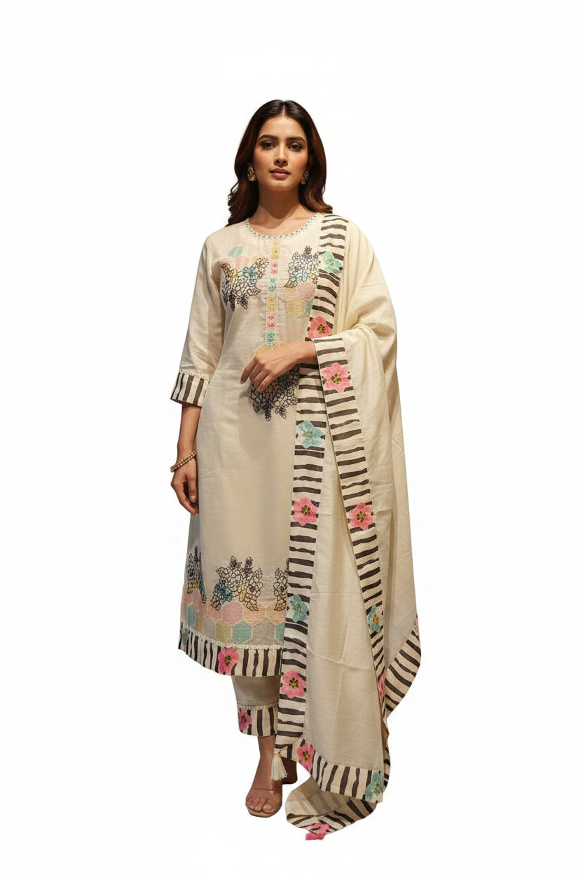 Cream Mul Chanderi Thread Embroidery A Line Kurtha 63