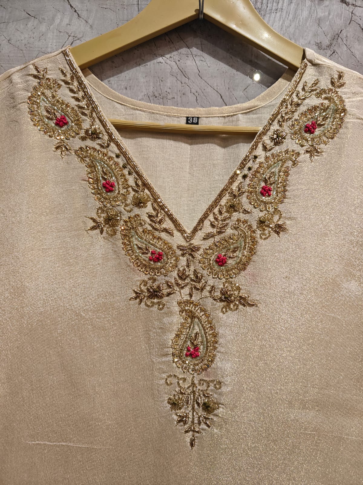 "Chandini" Cream 115 Pure Tissue shimmer Kurtha with Floral Digital Print Zardozi Handwork