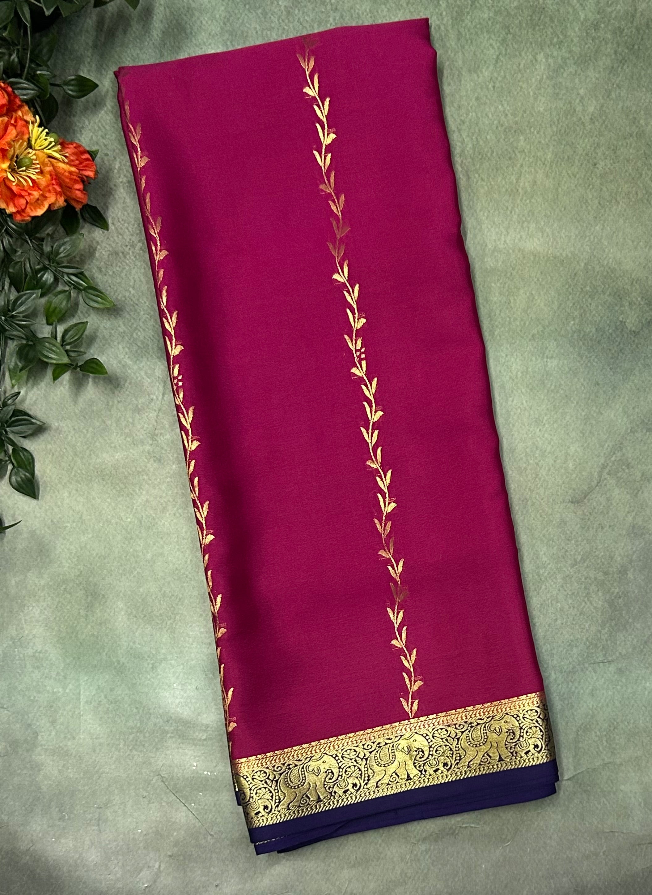 Pink n navy blue partly pallu Pure Mysore silk crepe 103 Saree