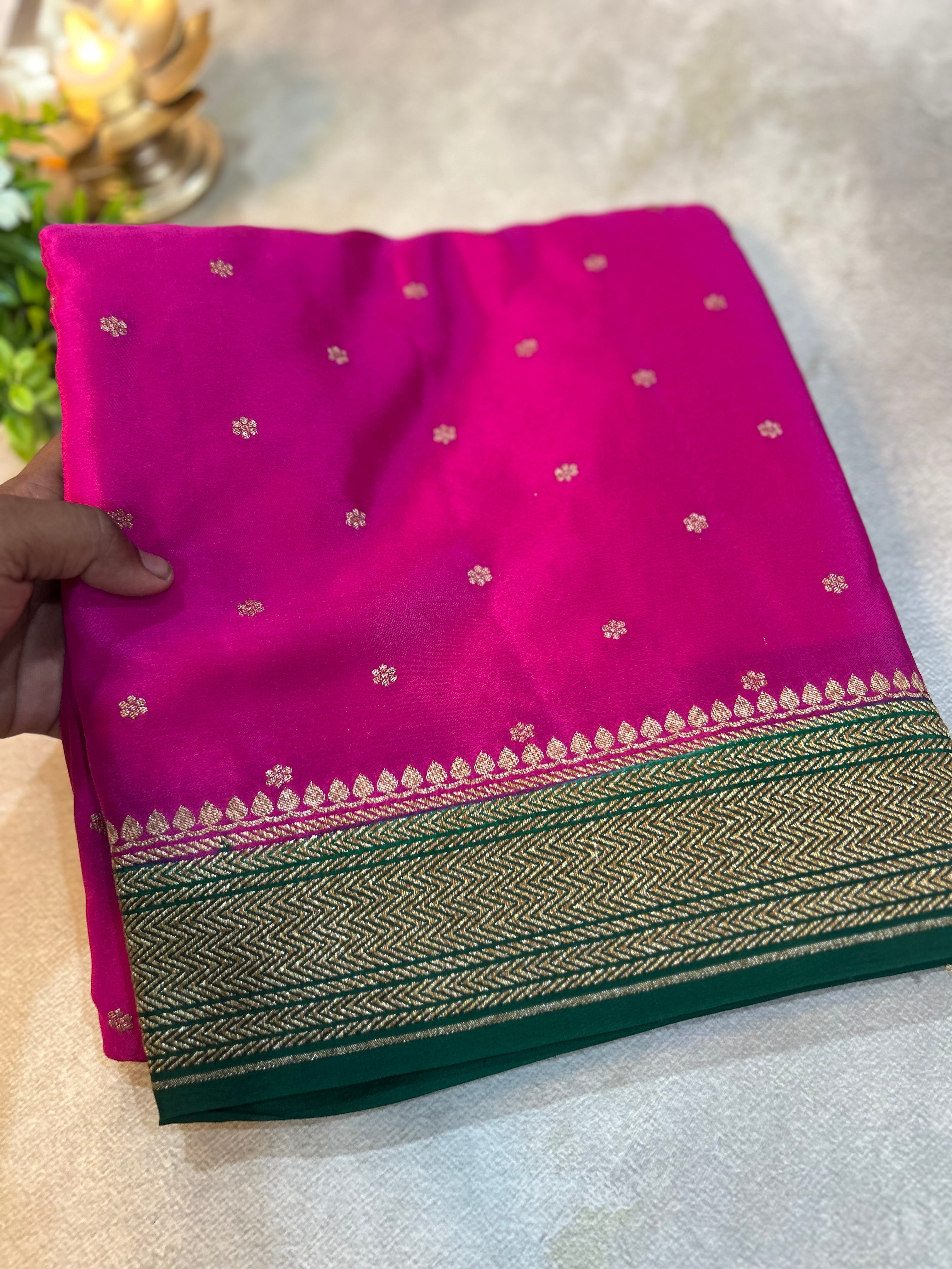 Pink n green small Butta pure banarasi crepe-10 silk saree