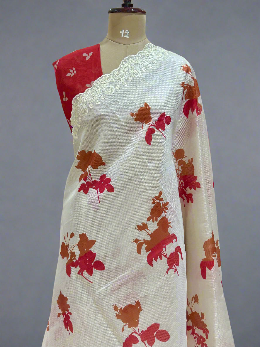 Cream floral digital print Kota checks 08 saree