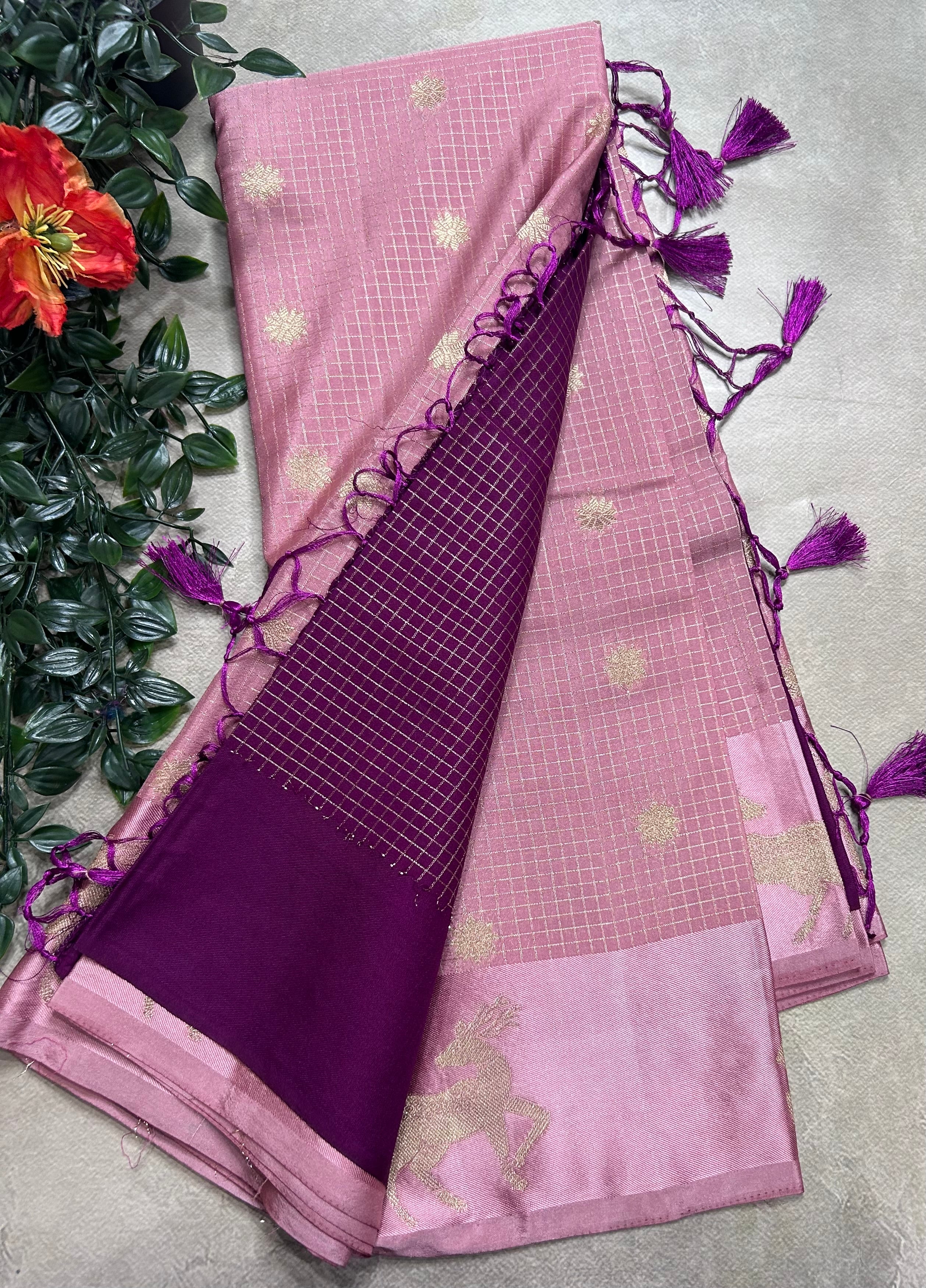 Pastel pink small checks semi Mysore crepe 106 saree