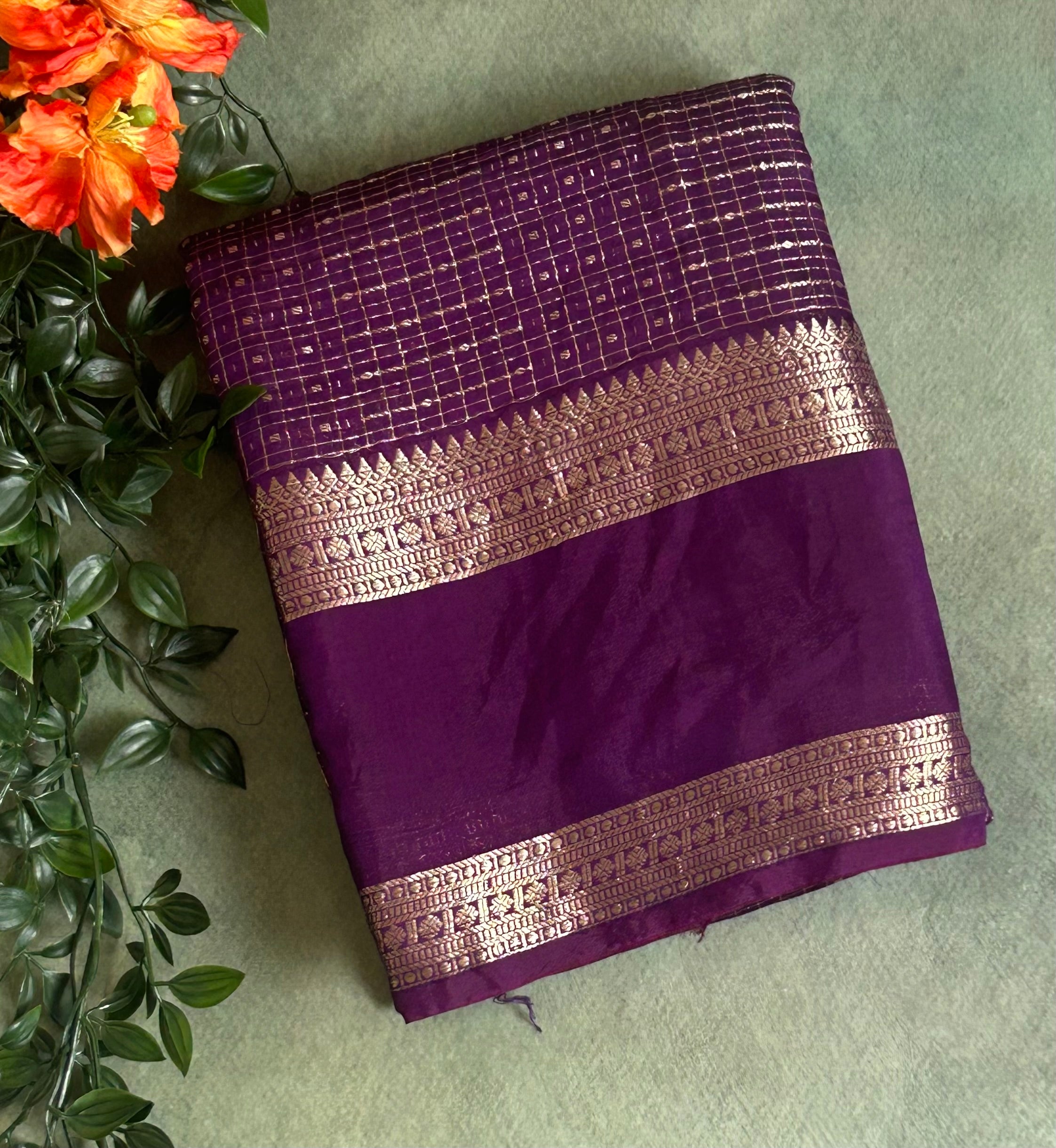 Purple small checks soft Tussar 03 crepe saree