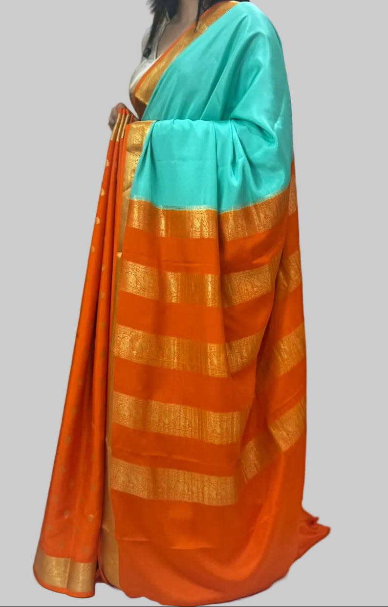 Distemper n orange partly pallu pure Mysore silk saree PP106