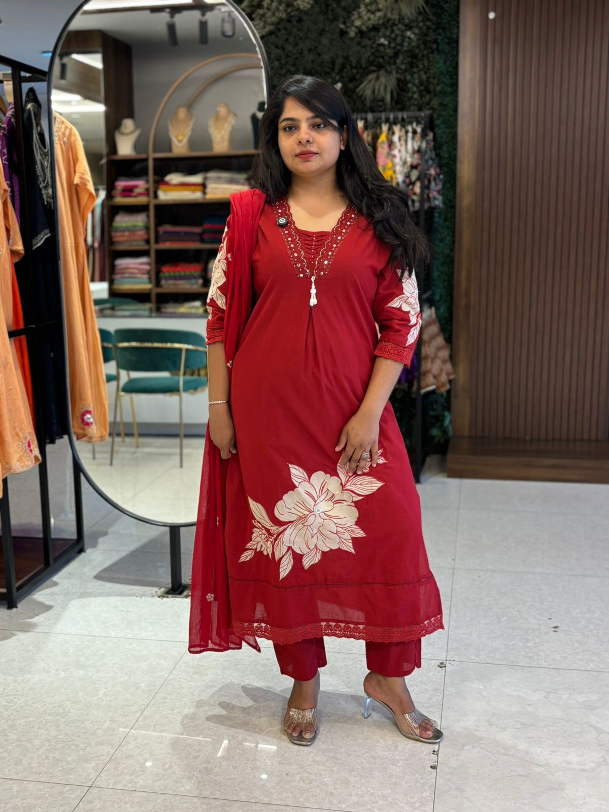 Red Cotton Hand Embroidery Straight Fit Kurtha 597