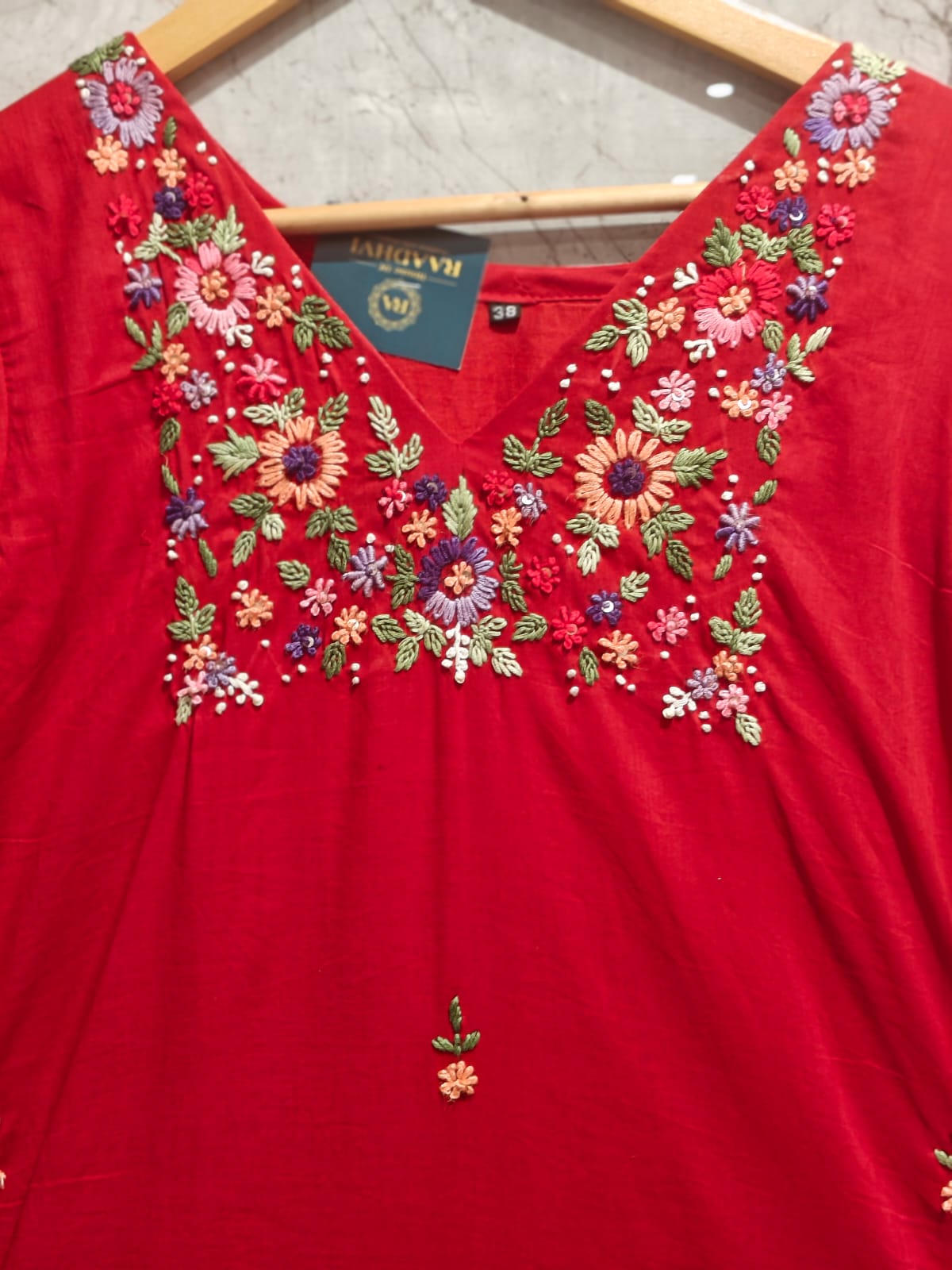 Red Cotton Hand Embroidery Straight Fit Kurtha 212