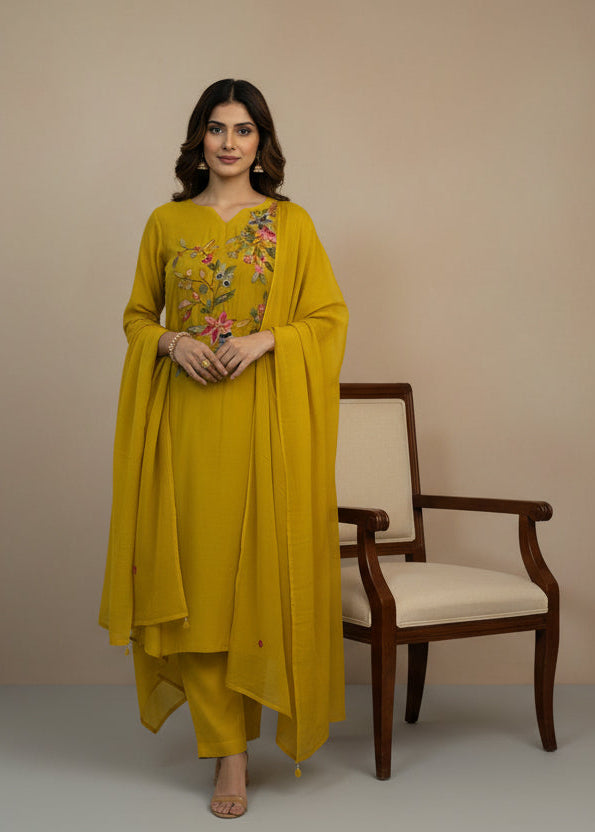 Yellow Mul Chanderi Thread Embroidery Airline Kurtha 483