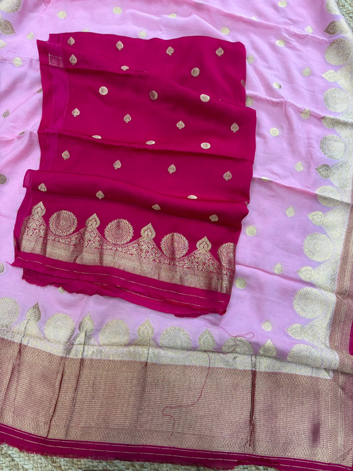 Baby Pink and Red Satin Banarasi Dress Material