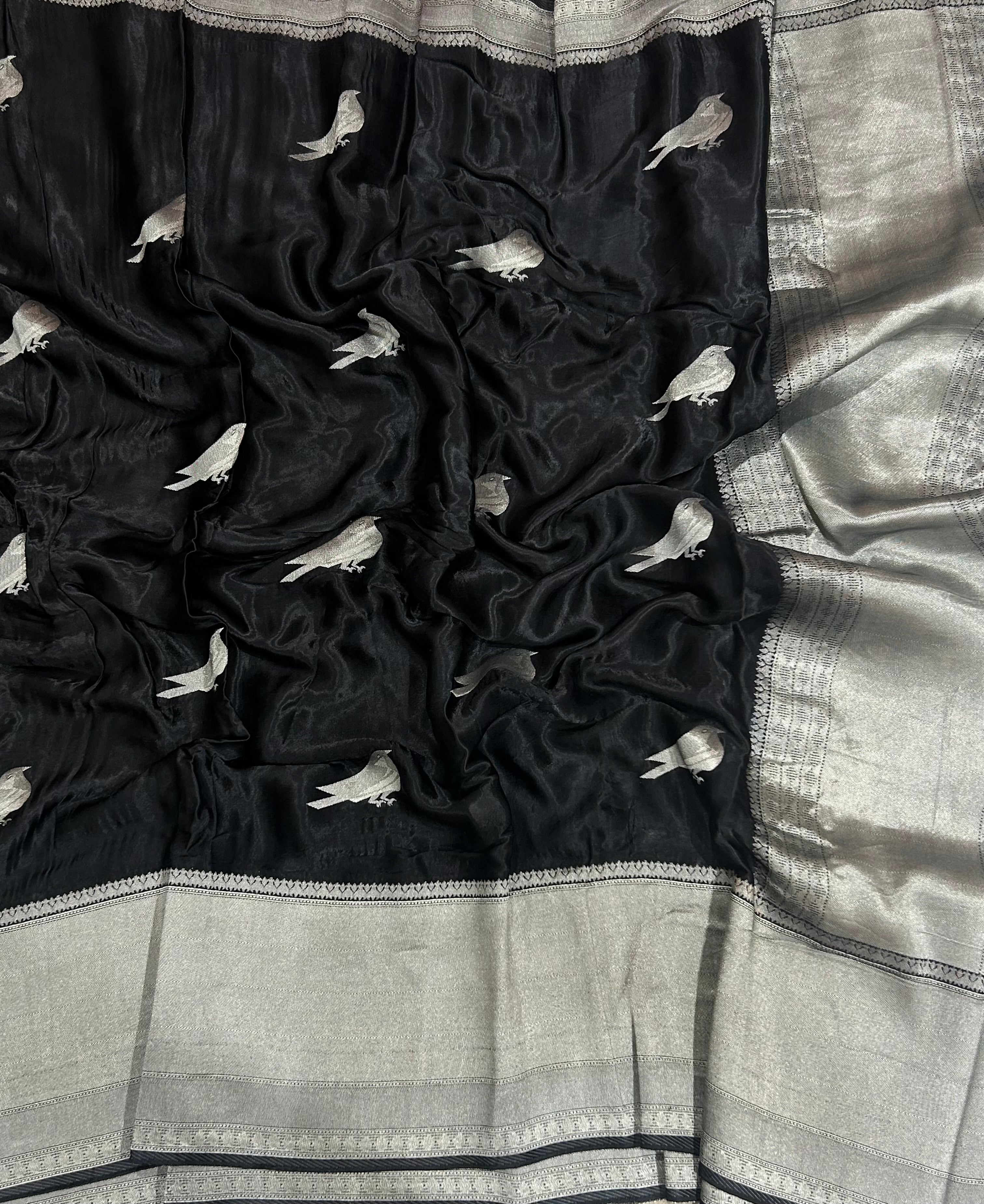 Black sparrow butta benarasi satin silk saree