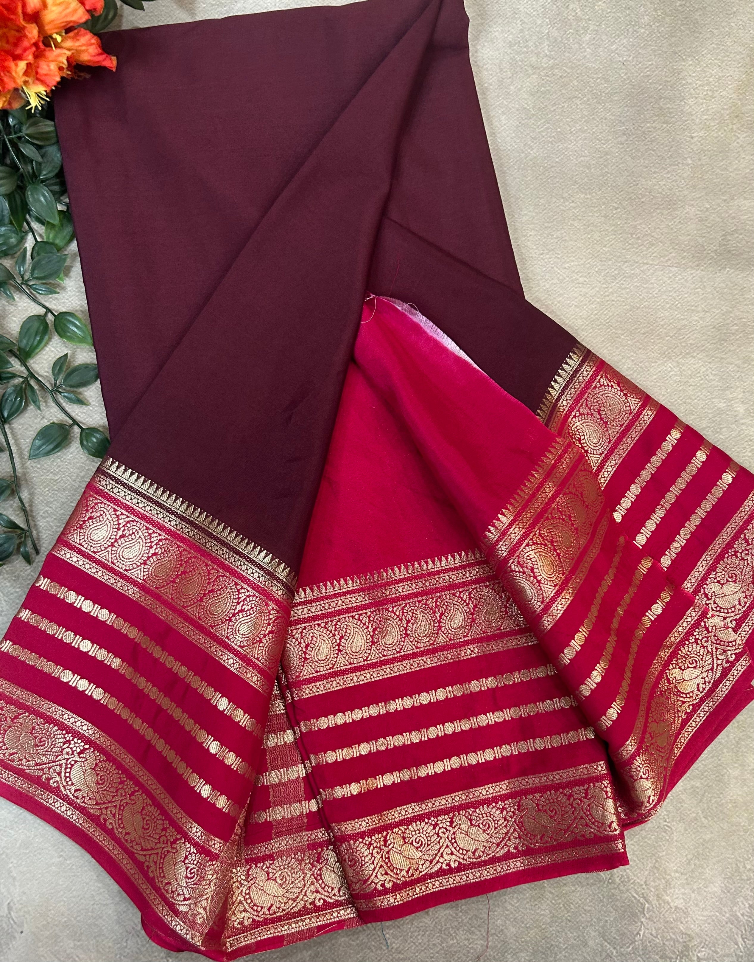 Dark brown stripes border semi Mysore 104 saree