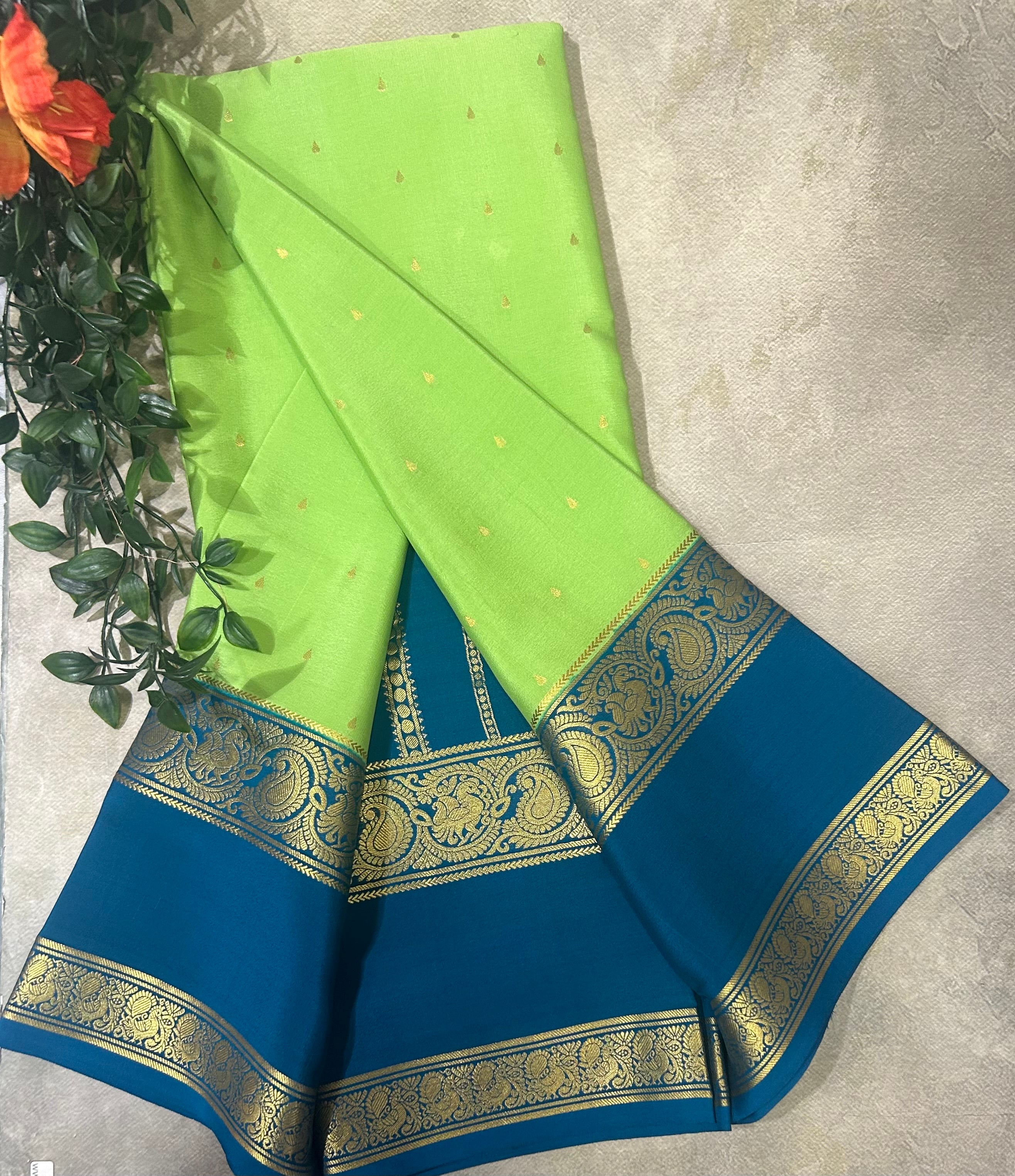 Pista green bentex border pure Mysore silk 105 saree