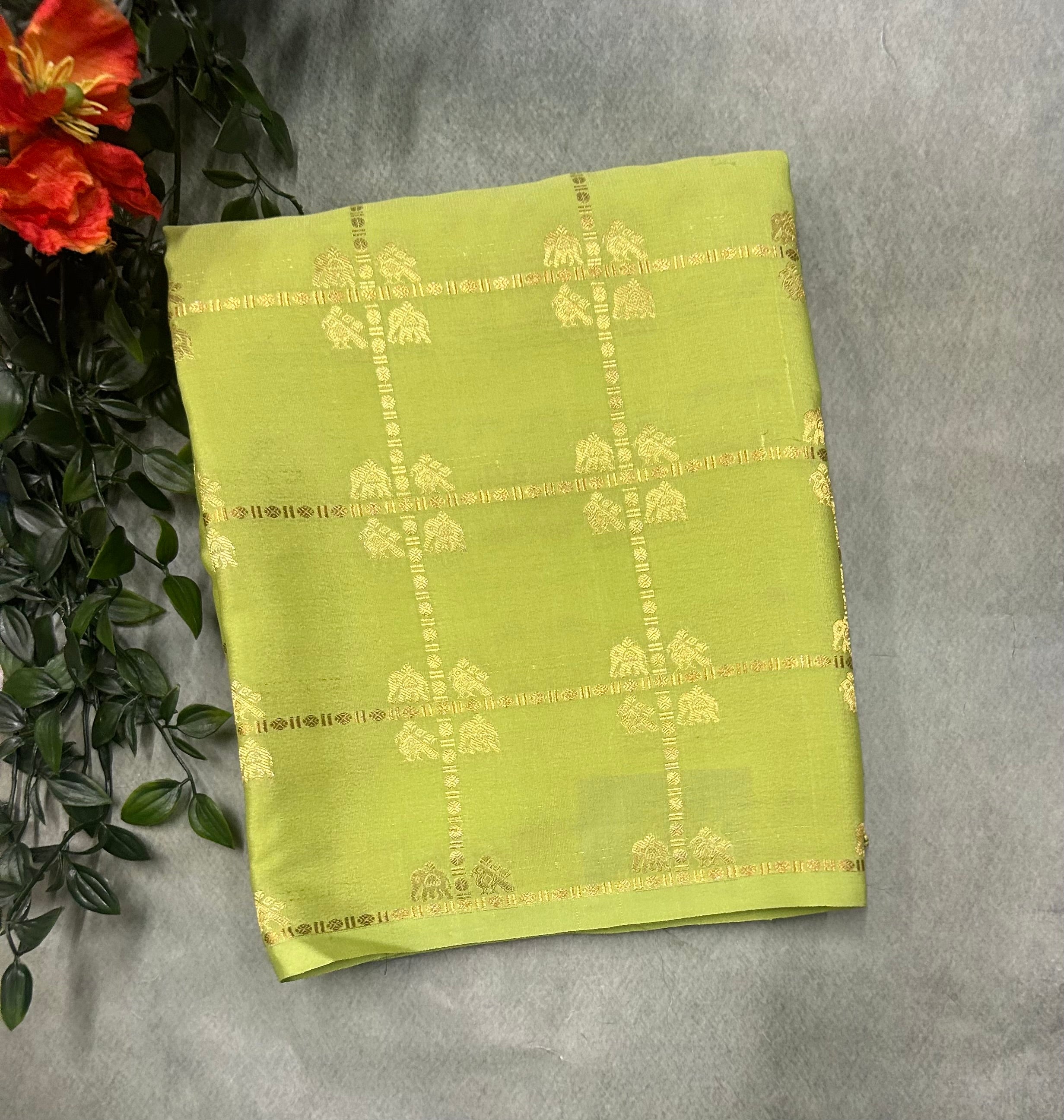 Pista green contrast ST checks borderless pure mysore silk-105 saree
