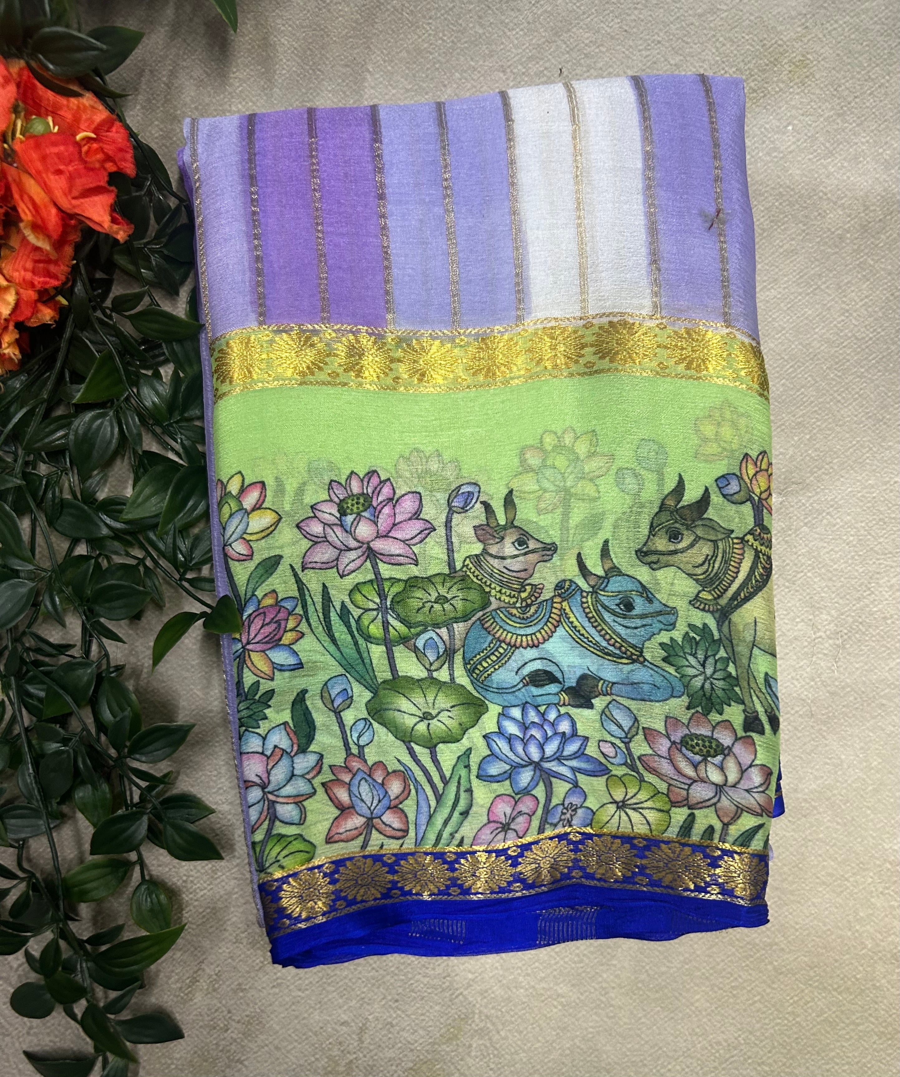 Rankart kalamkari border pure wrinkle 103 crepe silk saree