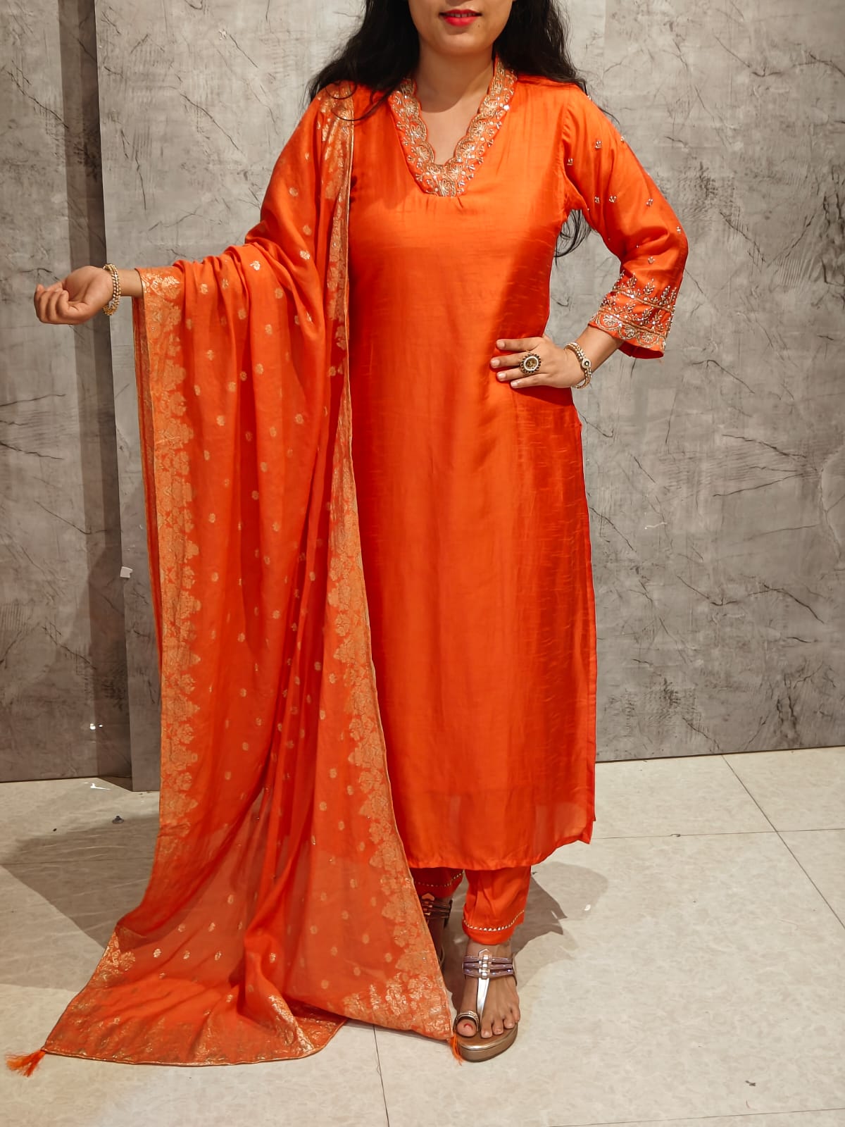Orange Dola Silk Kurtha 66 Hand Embroidery With Banarasi Dupatta