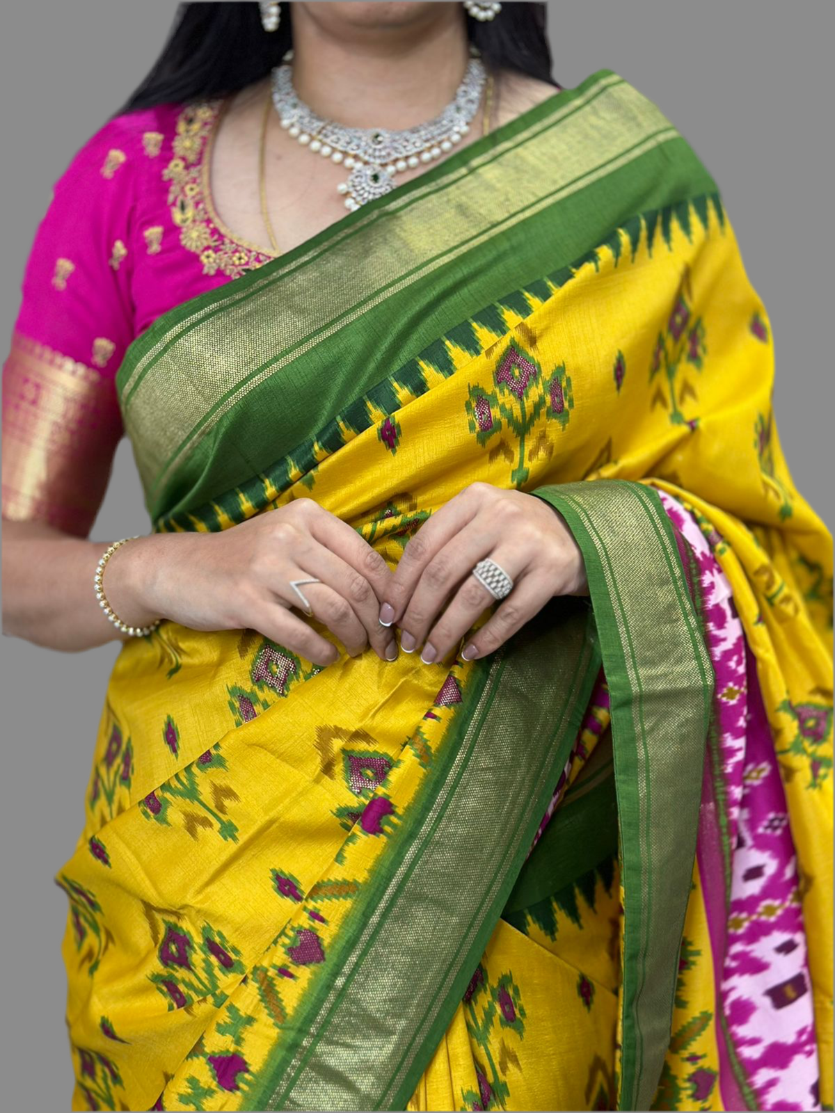 Yellow patola print semi tussar silk saree