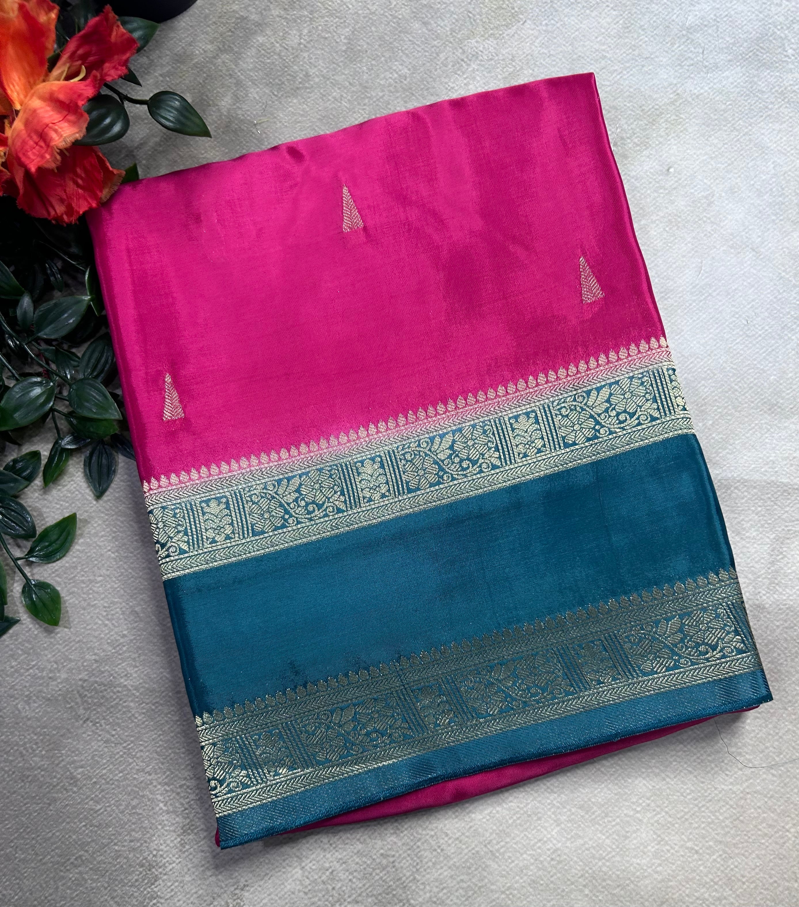 Rani pink contrast bentex border semi Mysore crepe 106 saree