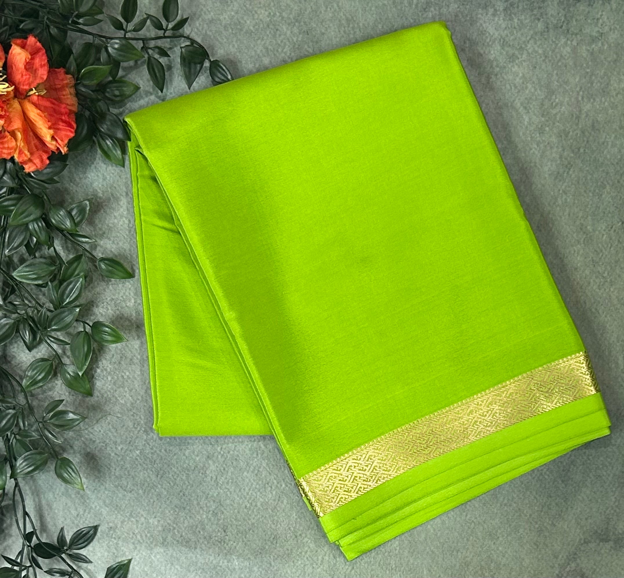 Parrot green plain one inch pure mysore silk-12 saree