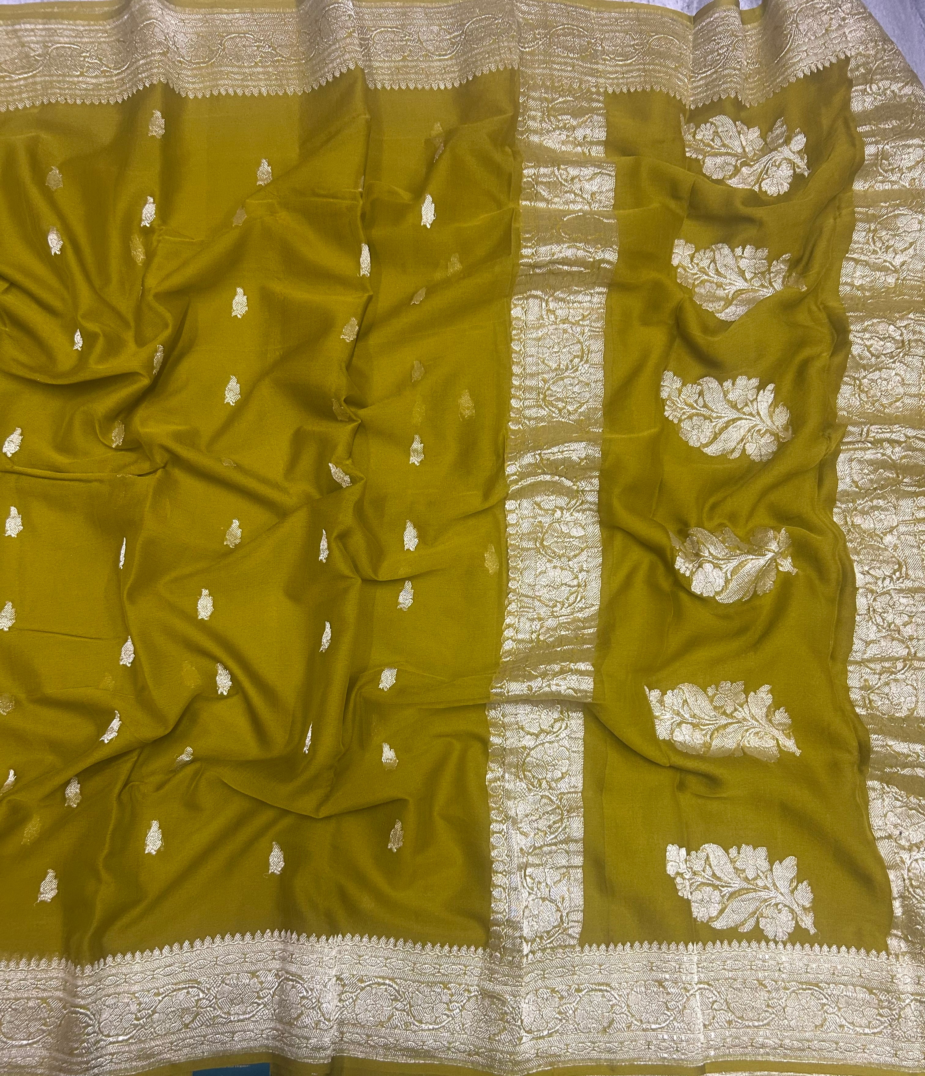 Olive yellow small butta pure chiffon 104 saree