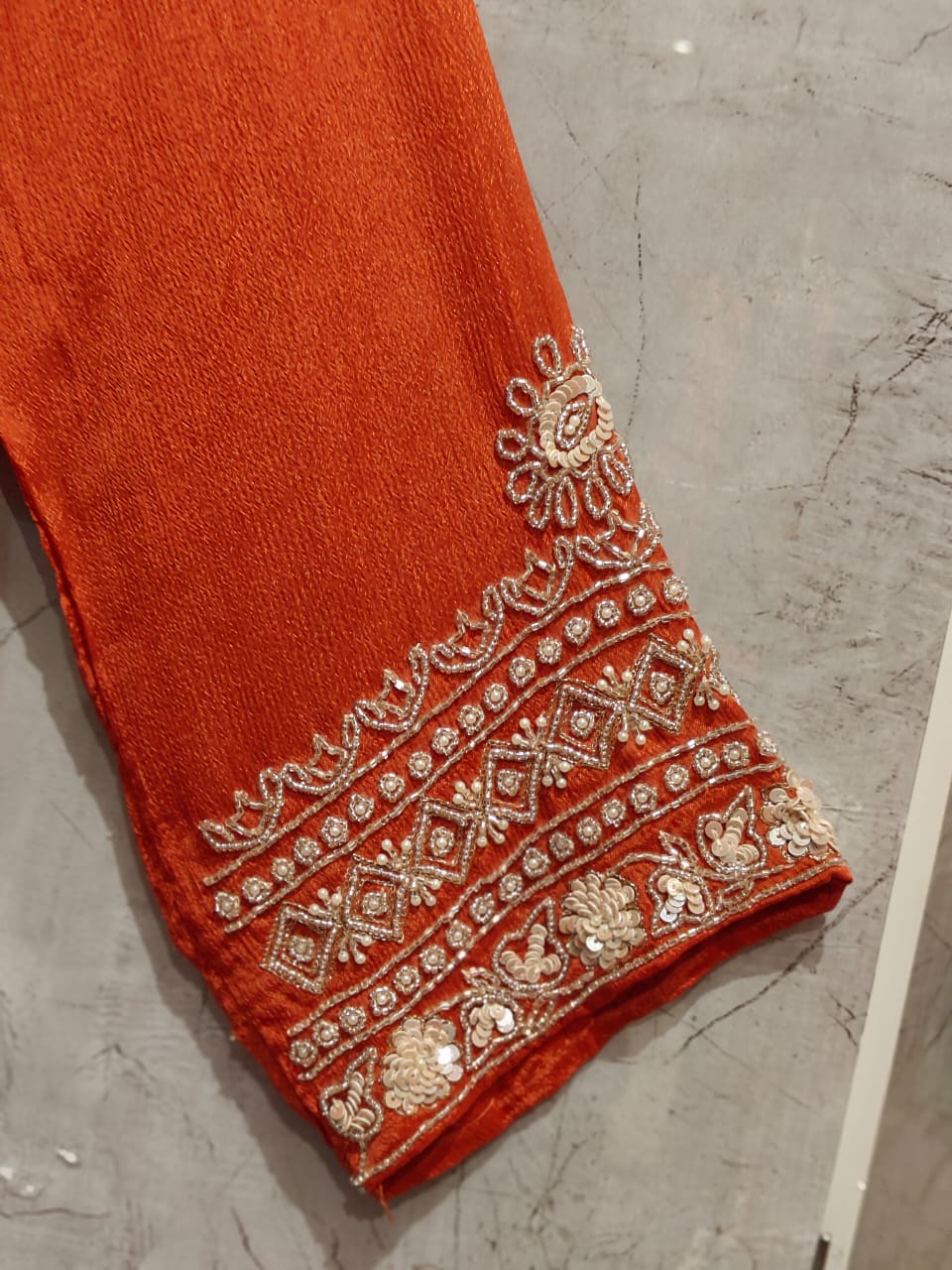 Orange Anarkali Chinnon Hand Embroidery Kurtha 16