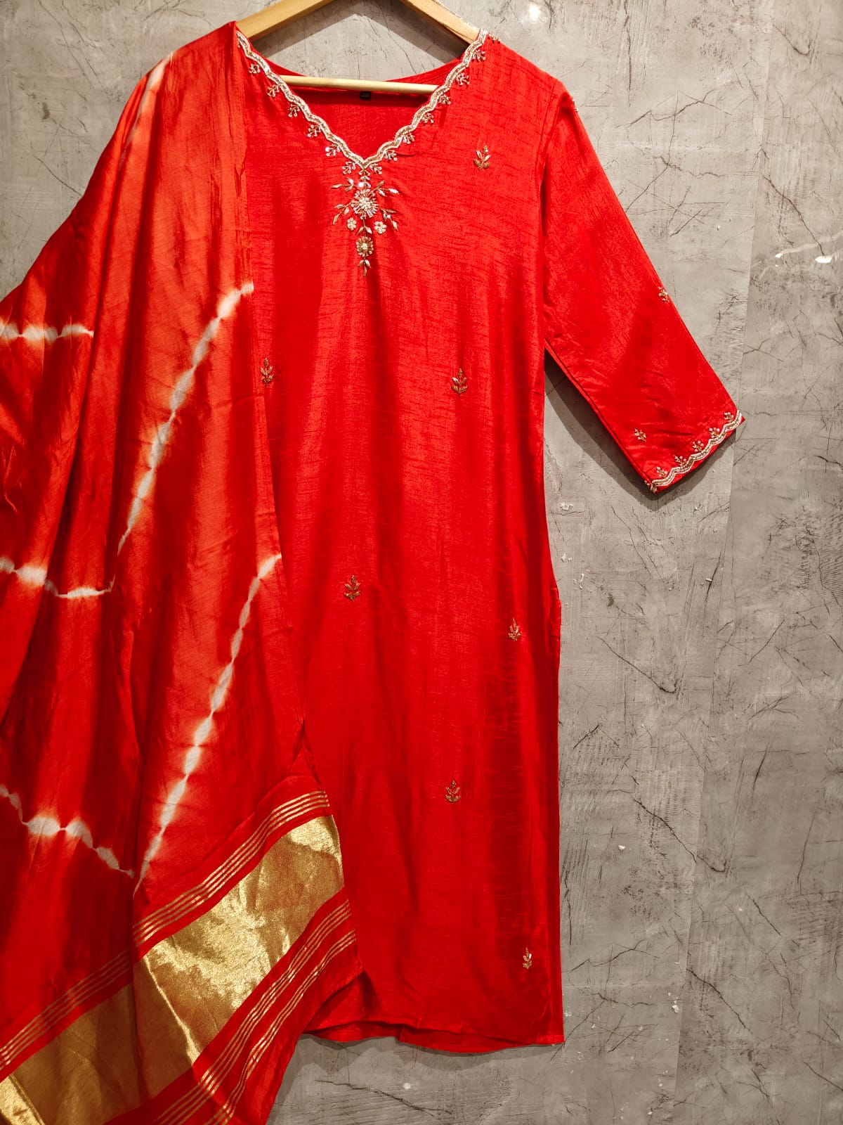 Red Dola silk Kurtha with pure modal silk Dupatta