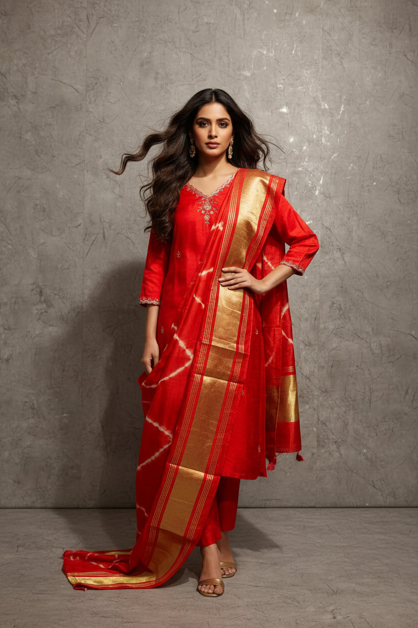 Red Dola silk Kurtha with pure modal silk Dupatta