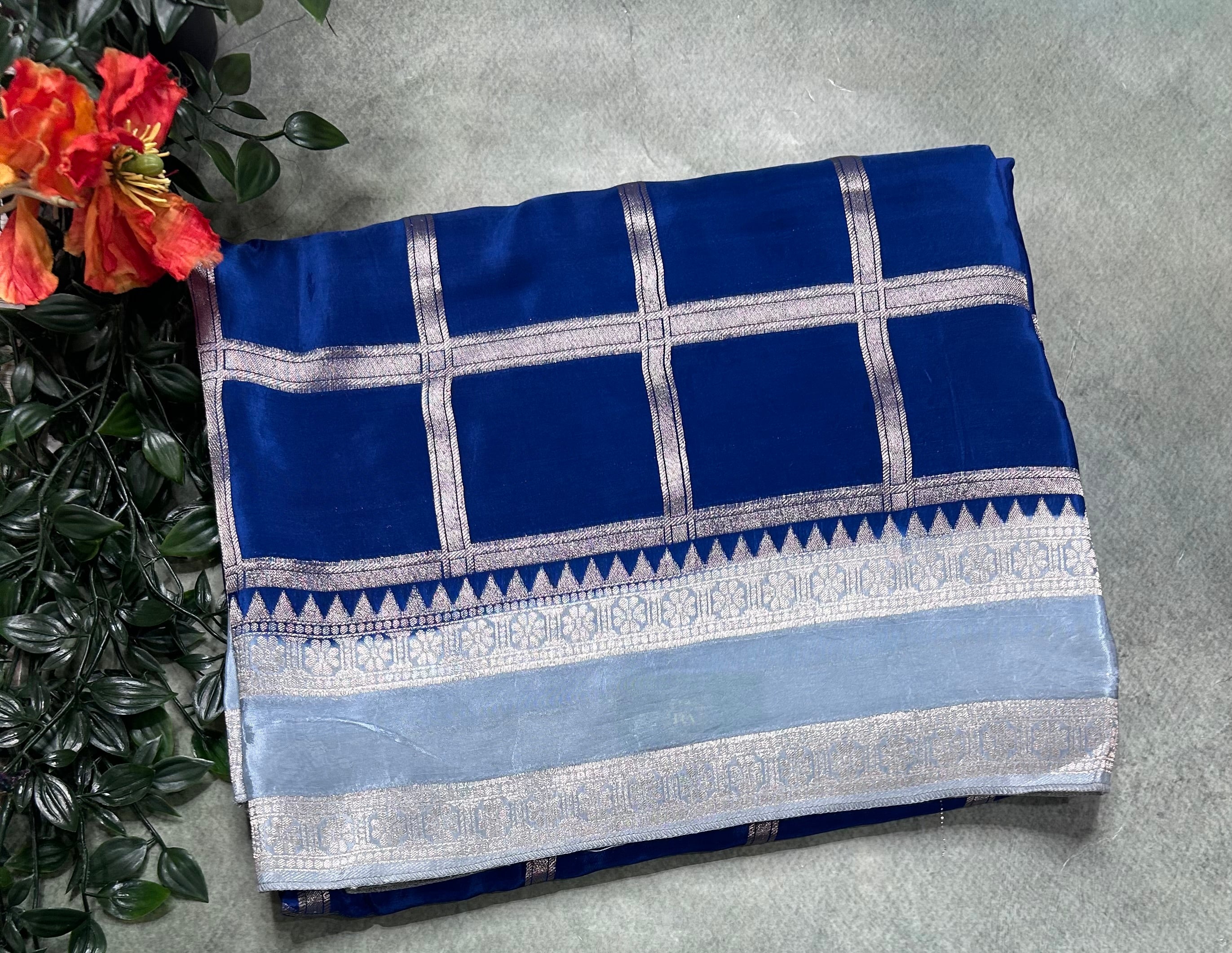 Peacock blue checks n bentex border semi crepe 106 saree