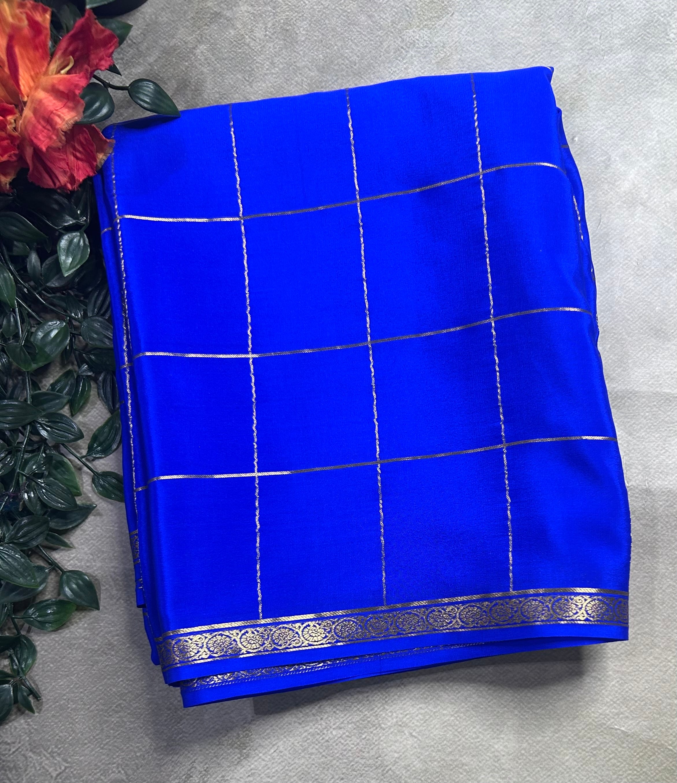 Royal blue big checks pure Mysore silk 106 saree